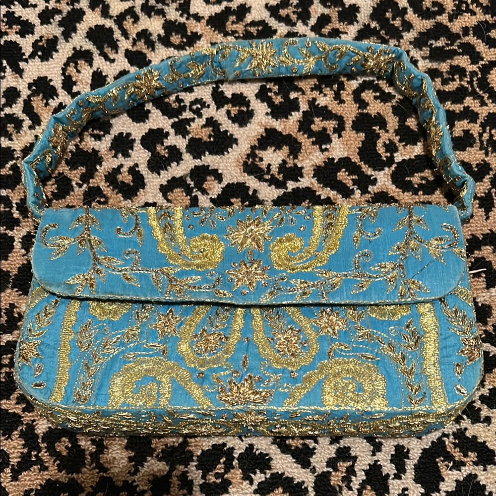 Pierre Urbach Elegant Blue and Gold Paisley Embroidered Women's Bag Purse